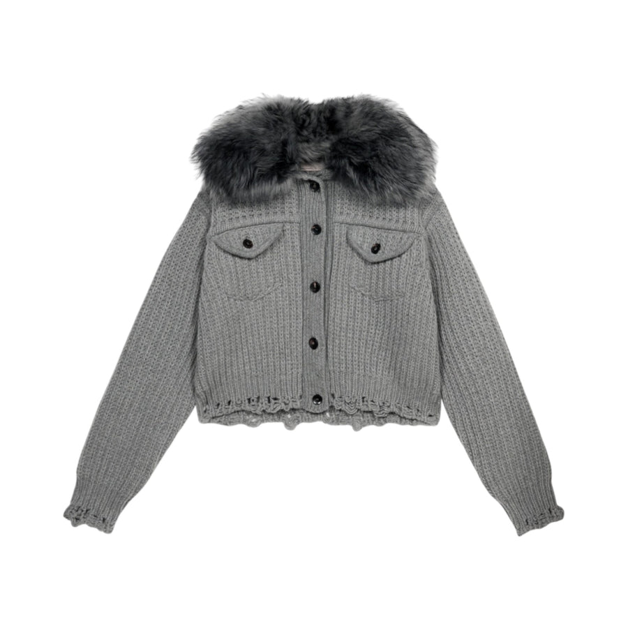 Cardigan donna in lana con collo in pelliccia