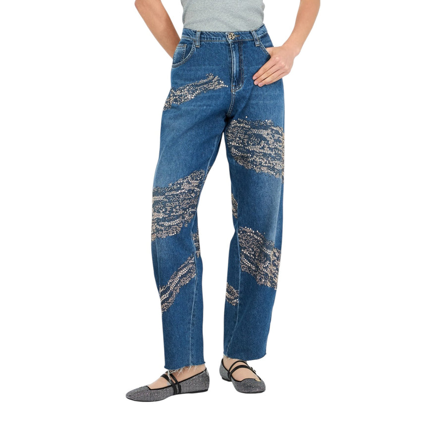 Jeans donna balloon con borchie e strass