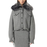 Cardigan donna in lana con collo in pelliccia