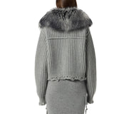 Cardigan donna in lana con collo in pelliccia