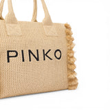 Borsa shopper media Beach in rafia con logo e nappine