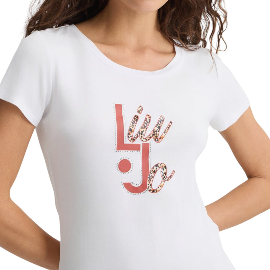 T-shirt donna con logo animalier e strass