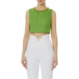 Top donna in misto lino con catena gioiello