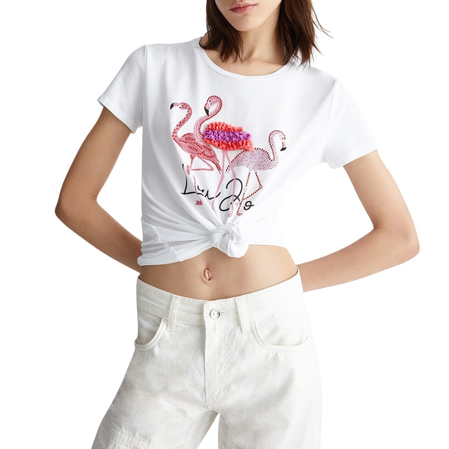 T-shirt donna con stampa e applicazioni