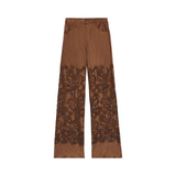 Pantaloni donna flare scamosciati con ricamo sangallo