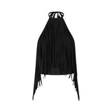 Top donna con scollo all'americana e frange
