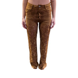 Pantaloni donna flare scamosciati con ricamo sangallo