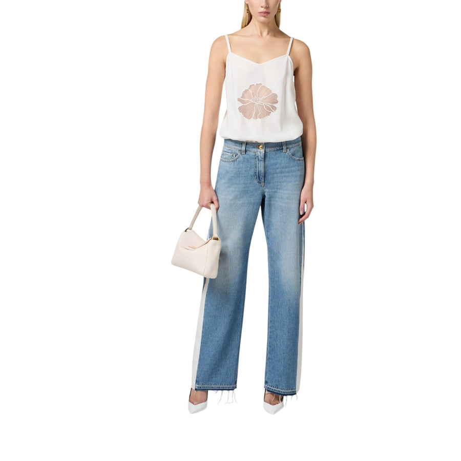 Tuta donna trompe-l'oeil in crêpe e denim