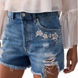 Short donna in denim con ricami gioiello