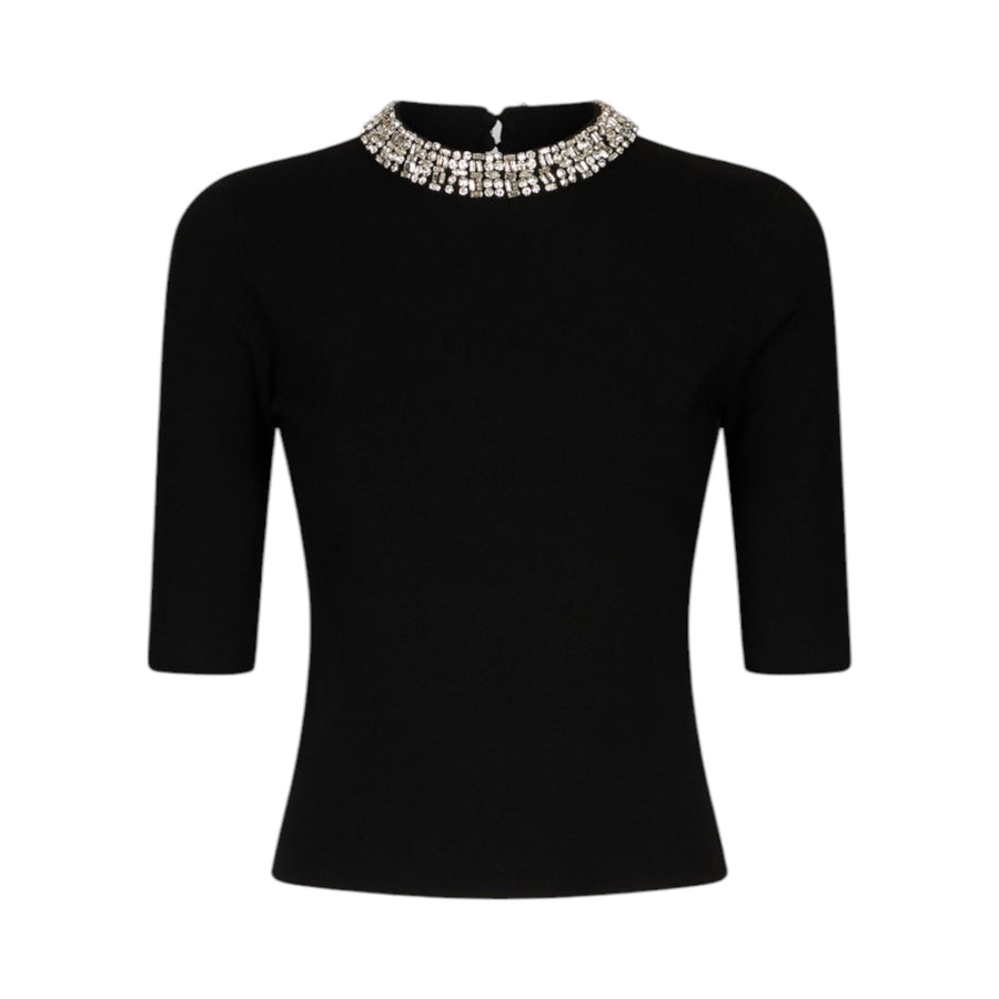 Crop donna top nero con ricami gioiello