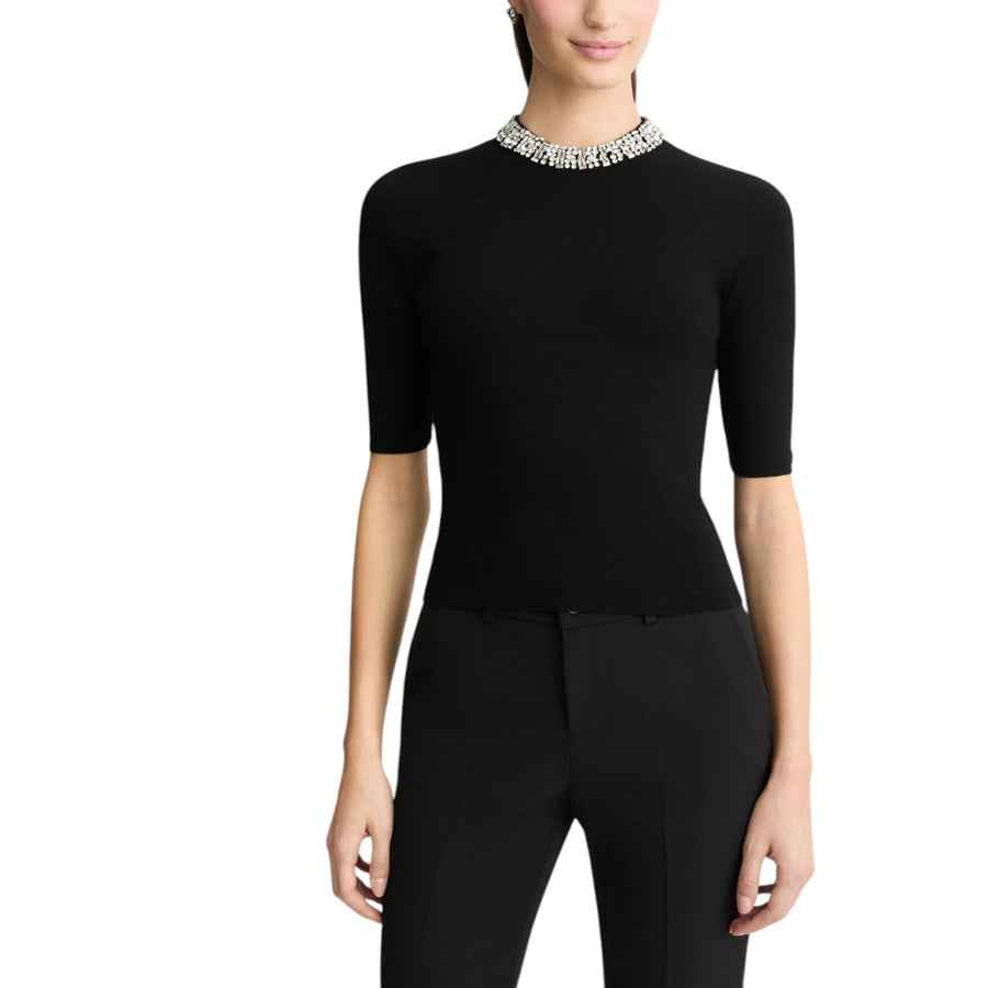 Crop donna top nero con ricami gioiello