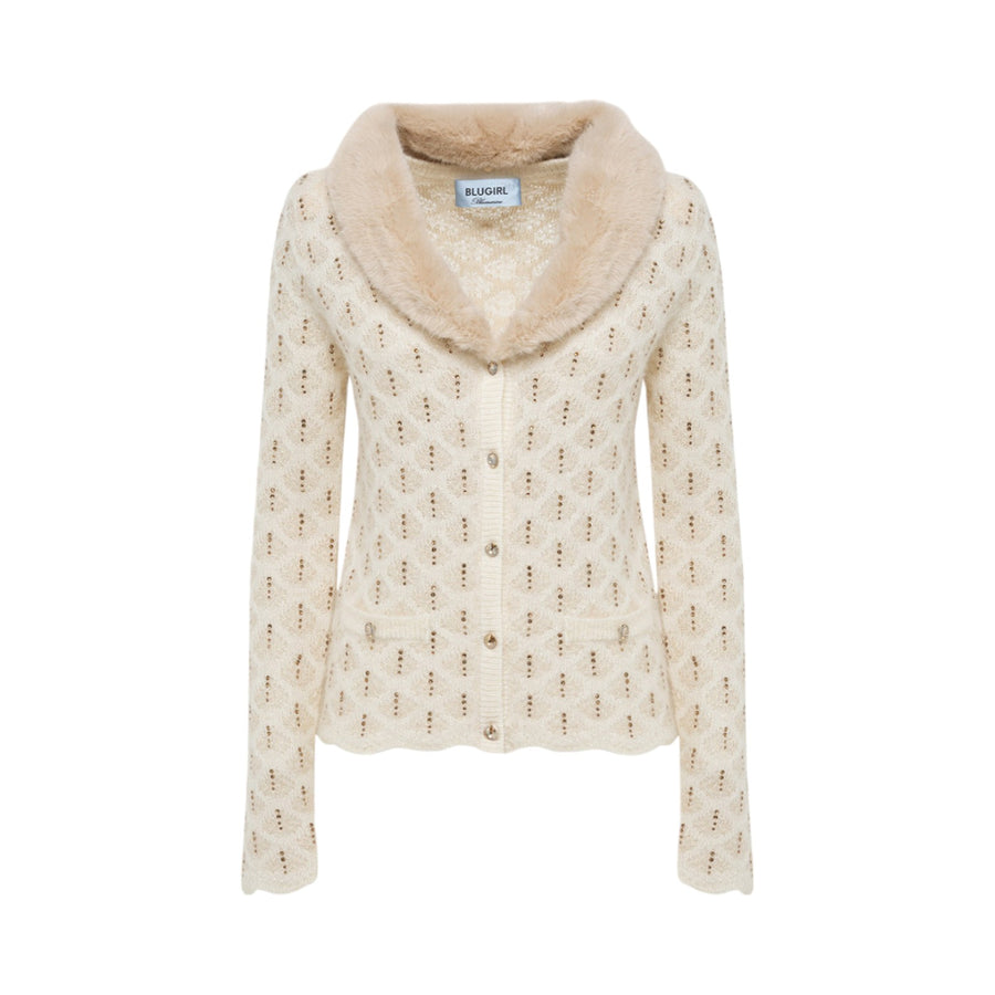 Cardigan donna con strass e colletto faux fur