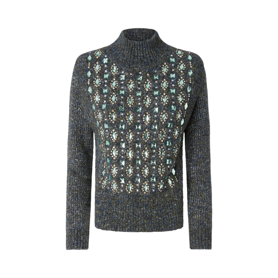 Maglia donna dolcevita mouliné con gioielli applicati