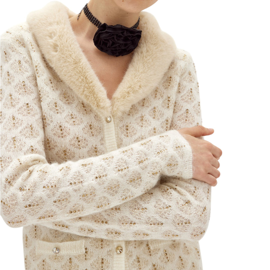 Cardigan donna con strass e colletto faux fur