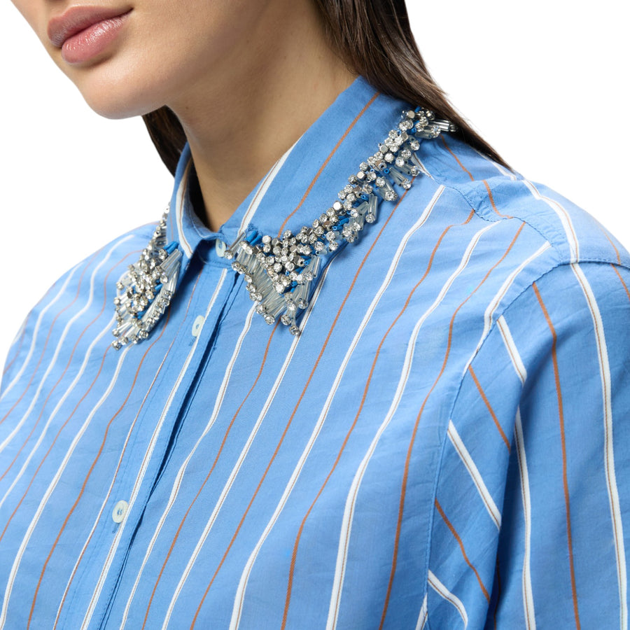 Camicia donna a righe con colletto ricamato con strass