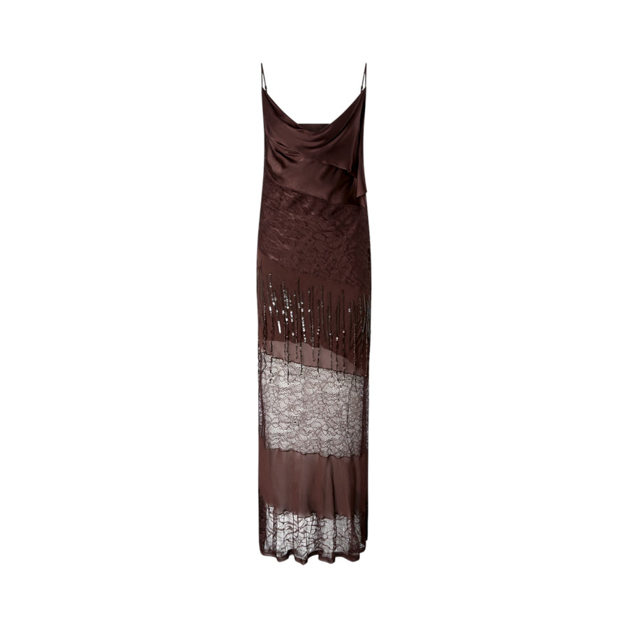 Abito donna slipdress in raso, pizzo e frange di strass