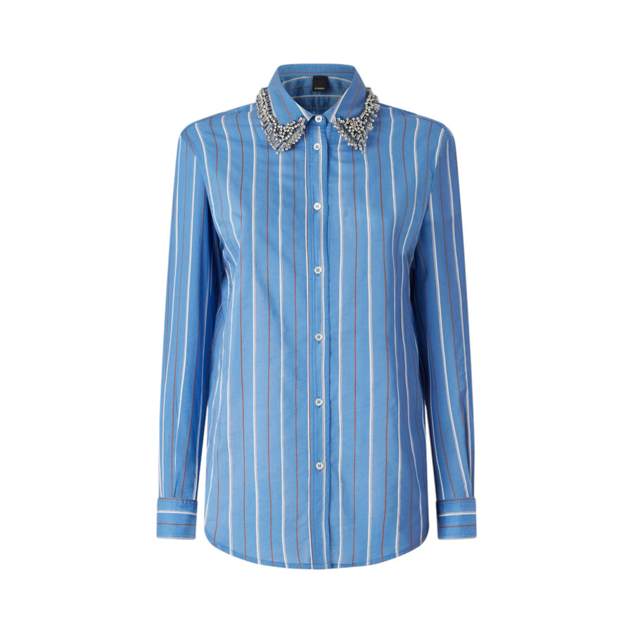 Camicia donna a righe con colletto ricamato con strass