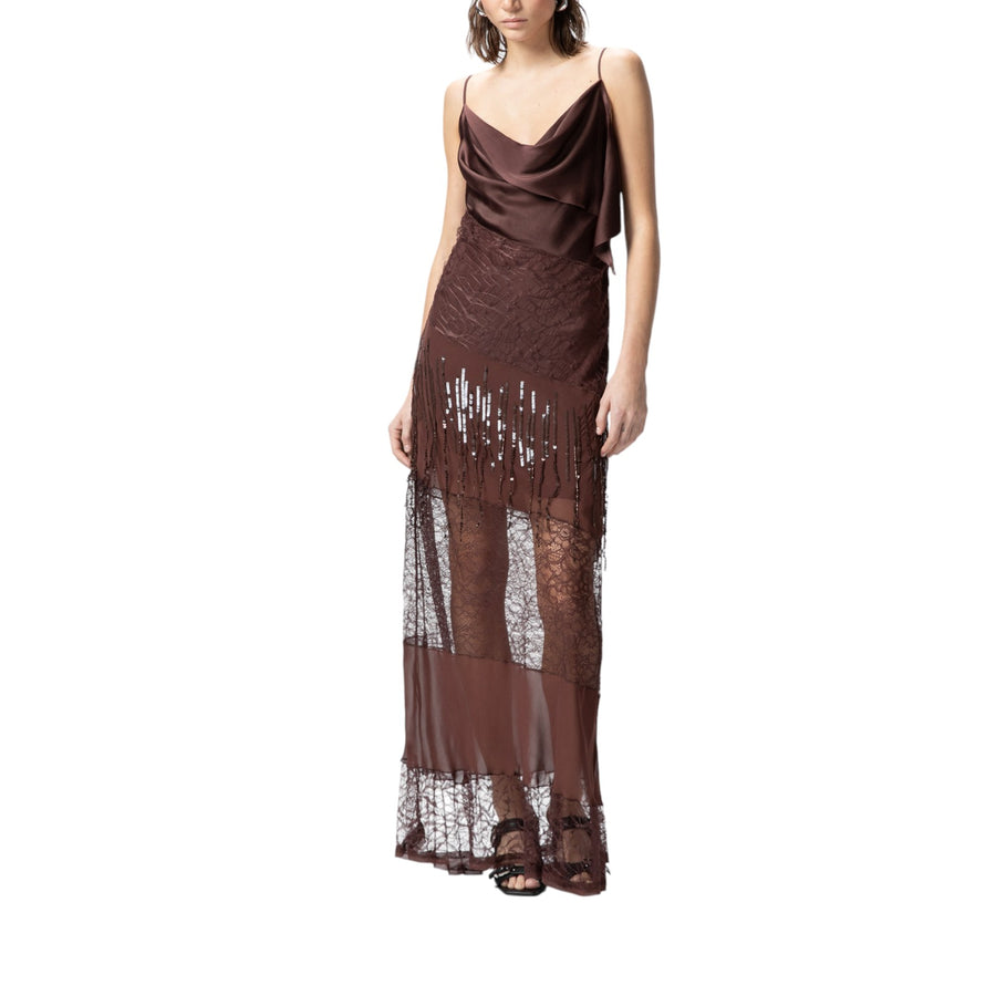 Abito donna slipdress in raso, pizzo e frange di strass