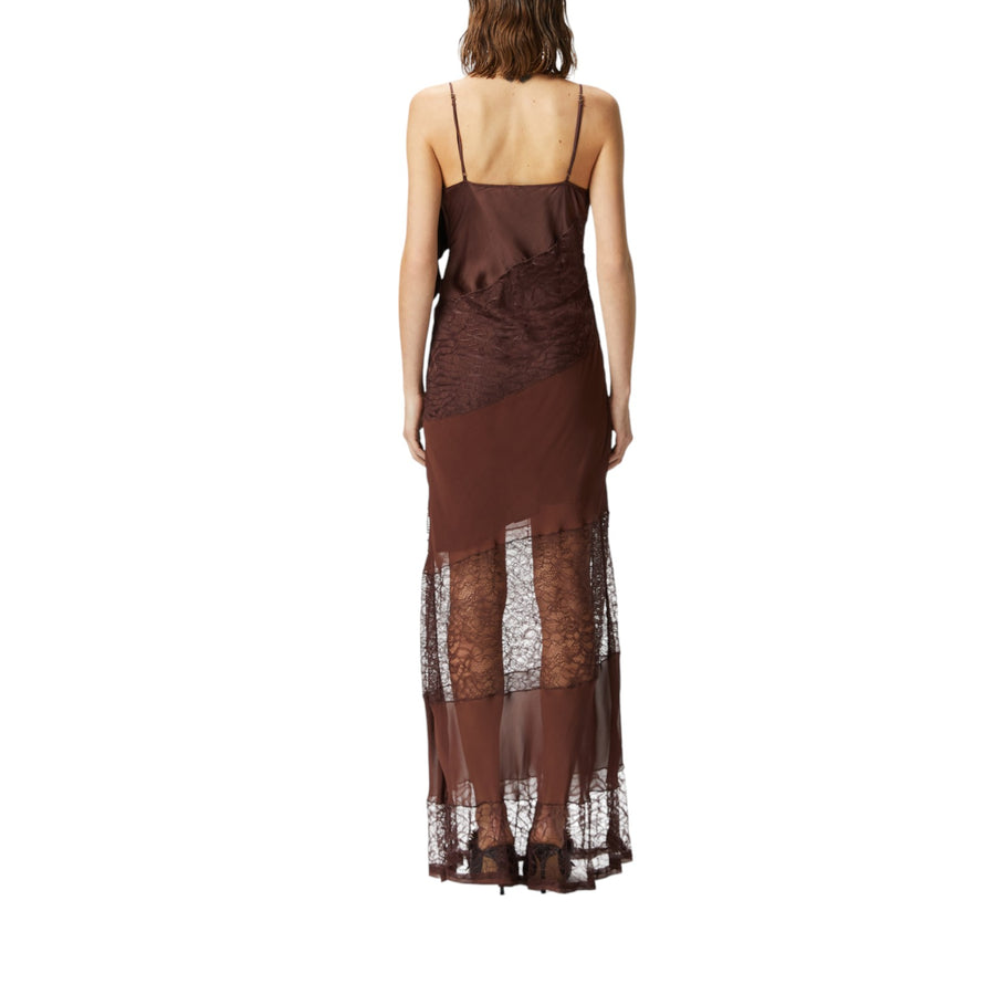 Abito donna slipdress in raso, pizzo e frange di strass