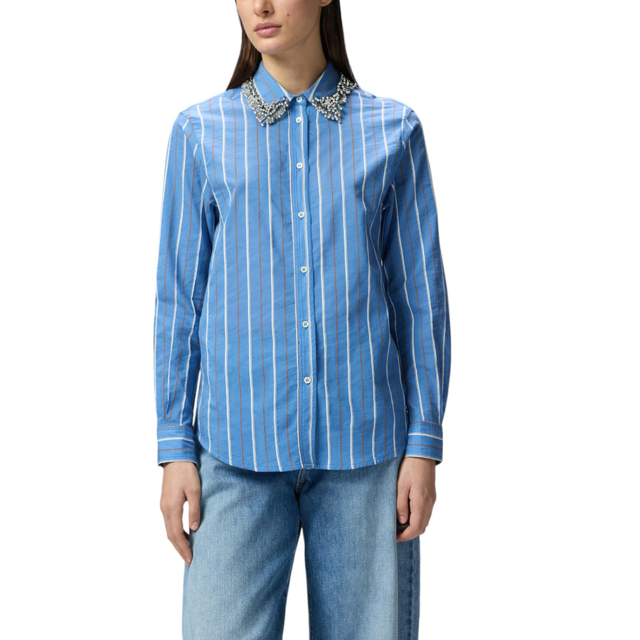 Camicia donna a righe con colletto ricamato con strass