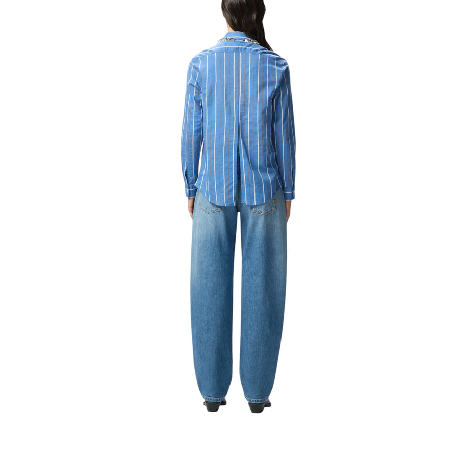 Camicia donna a righe con colletto ricamato con strass