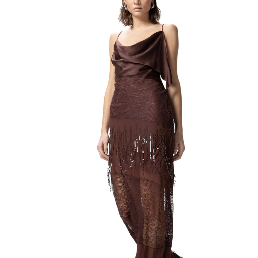 Abito donna slipdress in raso, pizzo e frange di strass