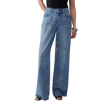 Jeans donna straight con strass