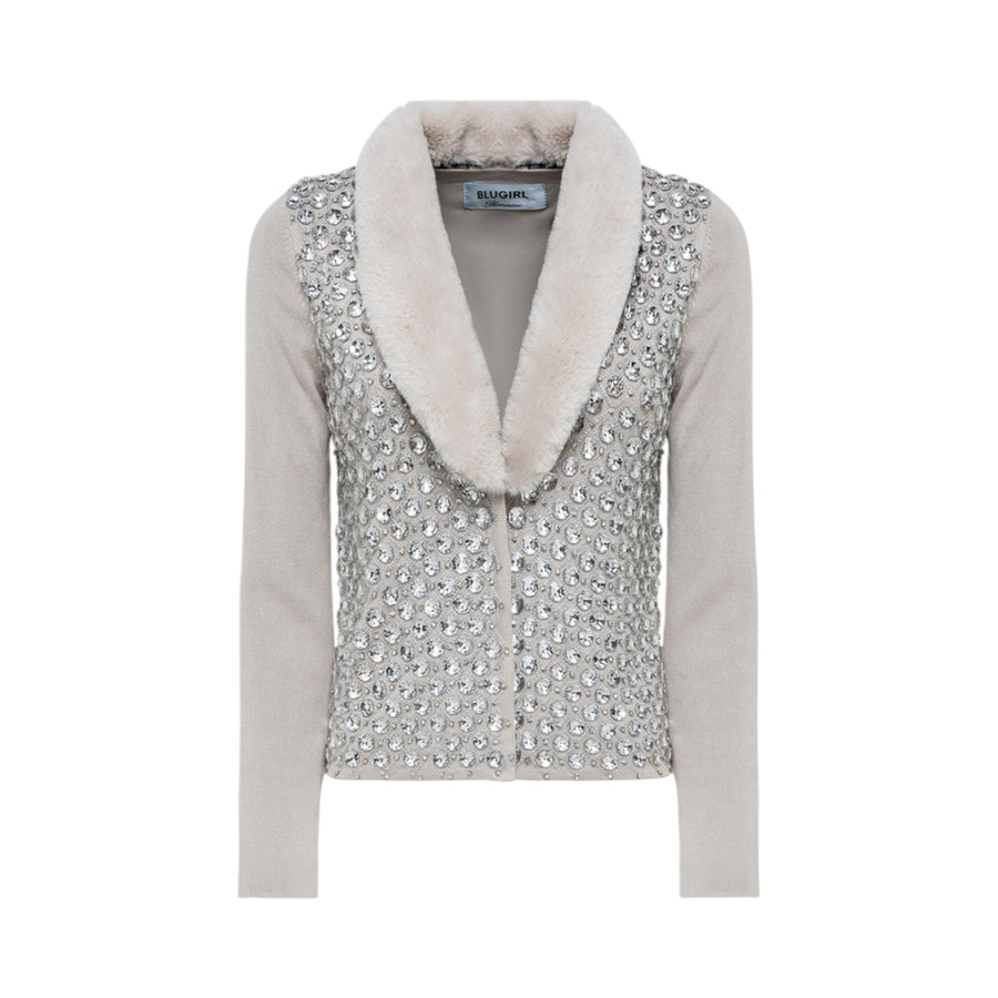 Cardigan donna con ricamo e colletto faux fur