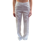 Pantaloni donna sartoriali in lino con ricamo sangallo