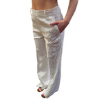Pantaloni donna sartoriali in lino con ricamo sangallo