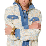 Bomber donna bouclé con inserti in denim