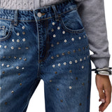 Pantaloni donna straight con borchie