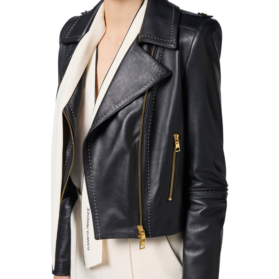 Giacca donna biker con impunture a contrasto