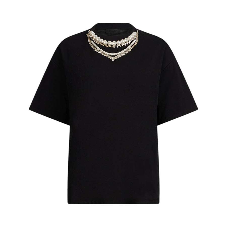 T-shirt donna con perle e strass