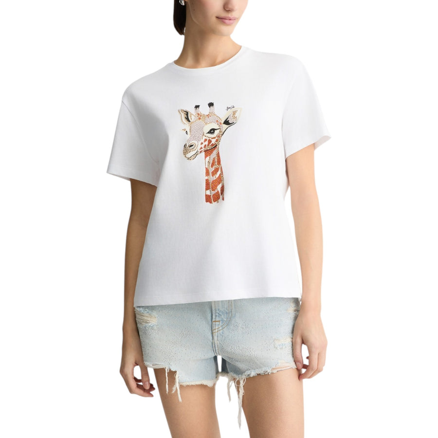 T-shirt donna in cotone con stampa e strass