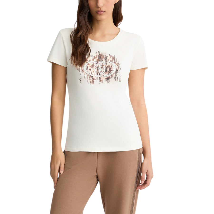 T-shirt donna con logo animalier e strass