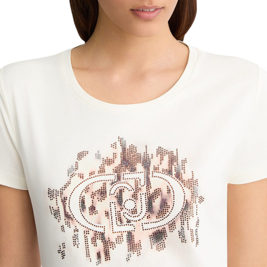 T-shirt donna con logo animalier e strass