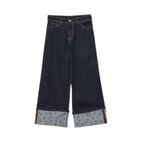 Jeans donna con risvolto con strass