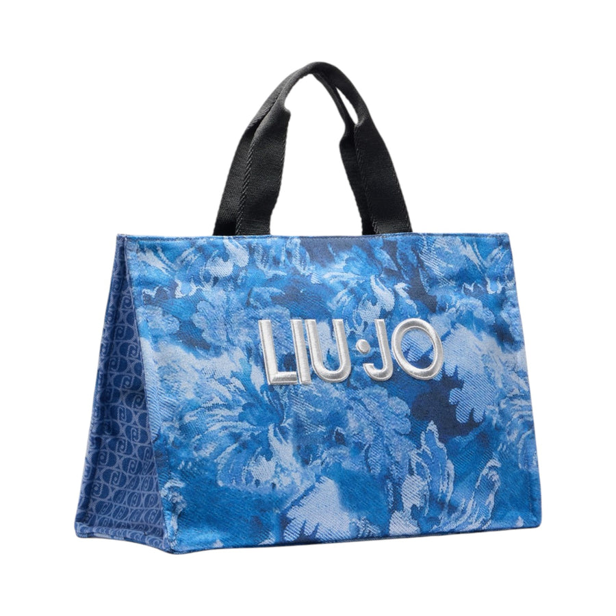 Borsa donna tote in denim stampato blu