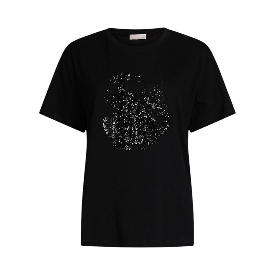 T-shirt donna in cotone con paillettes e strass