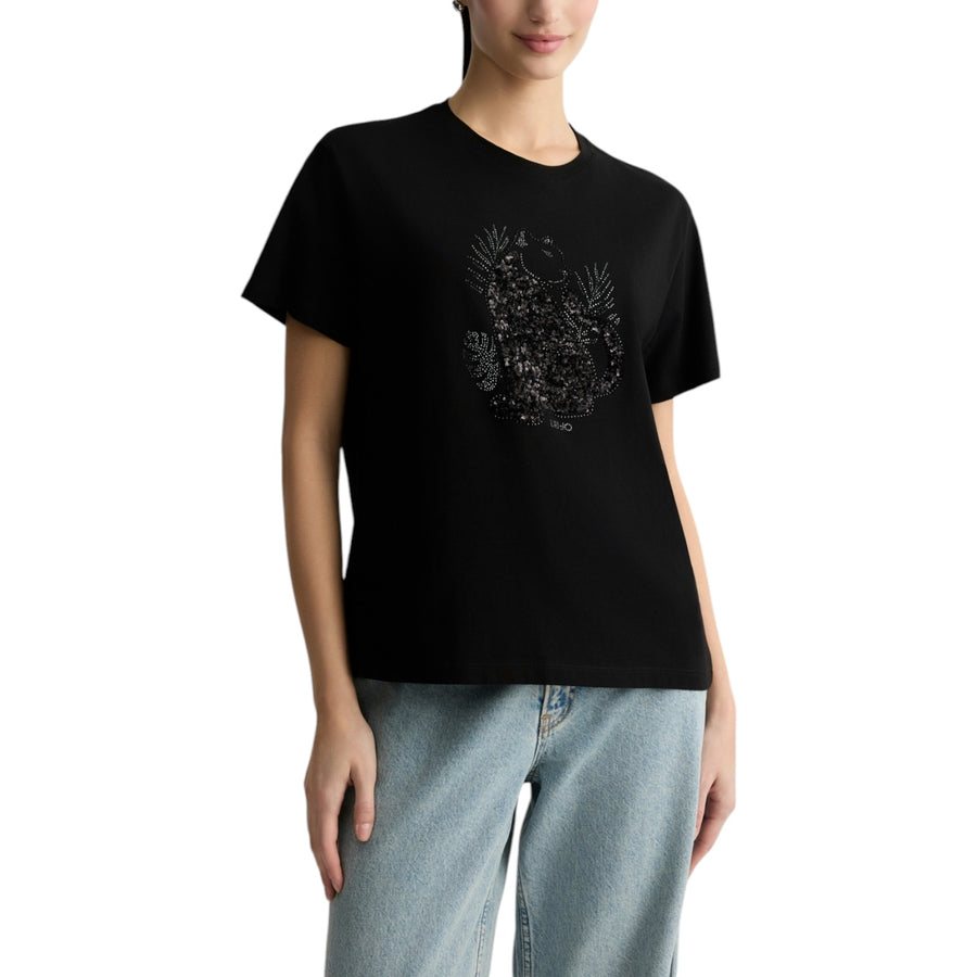 T-shirt donna in cotone con paillettes e strass