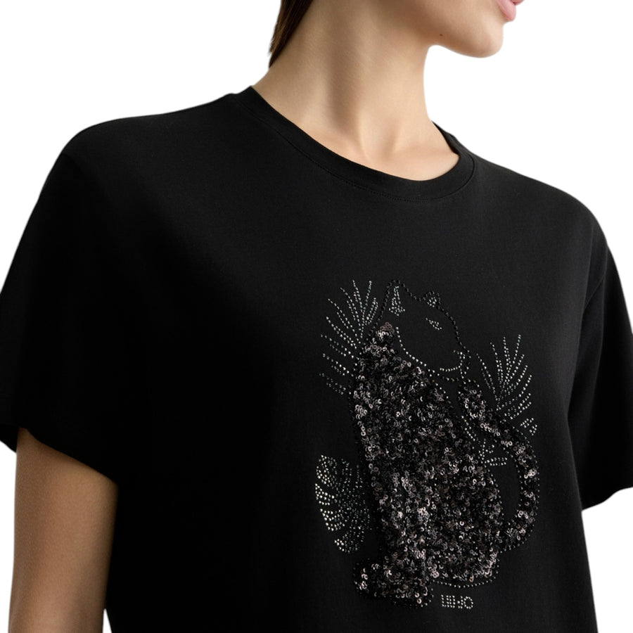 T-shirt donna in cotone con paillettes e strass