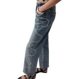 Jeans donna cropped con ricami gioiello