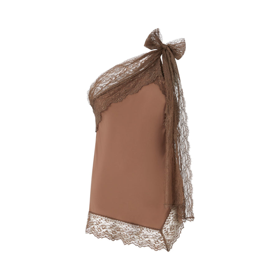 Top donna monospalla con profili in pizzo