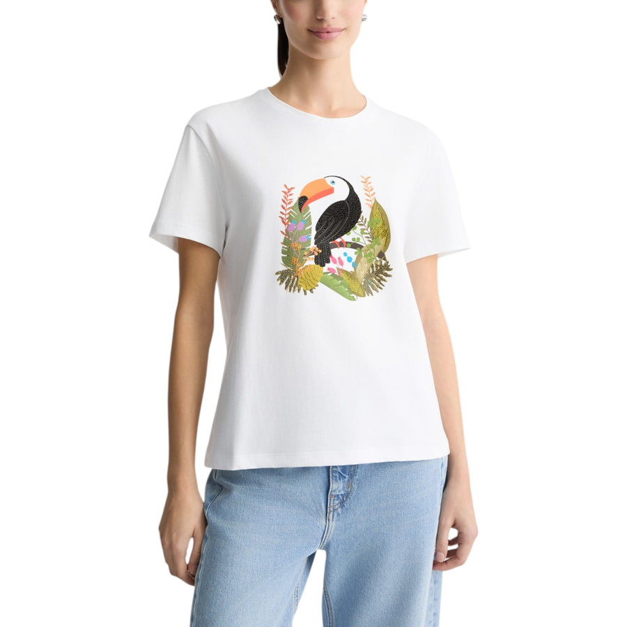 T-shirt donna in cotone con stampa e strass