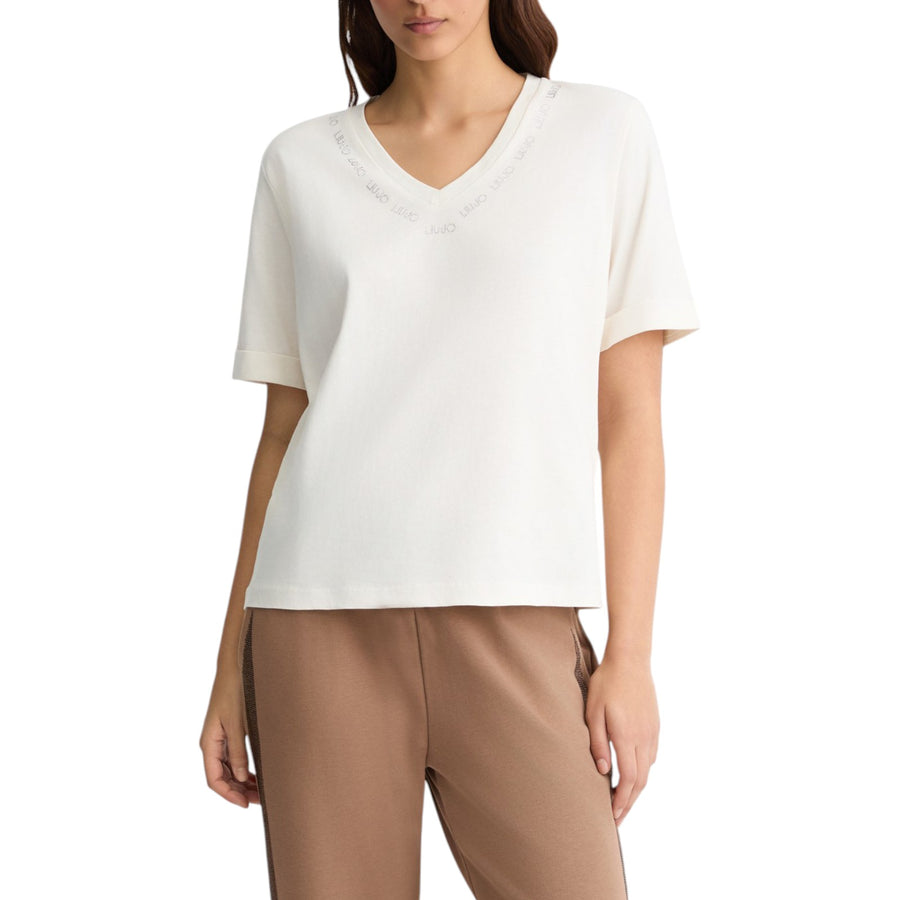 T-shirt donna con logo e strass