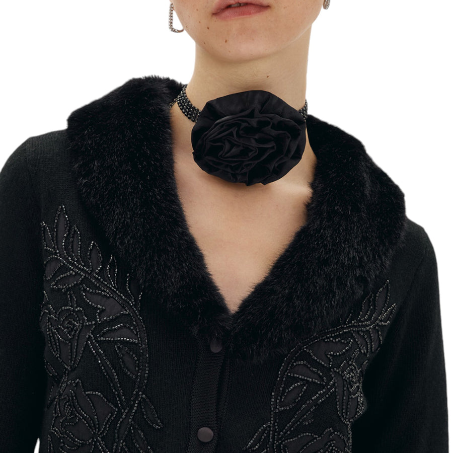 Cardigan donna con ricamo e colletto faux fur