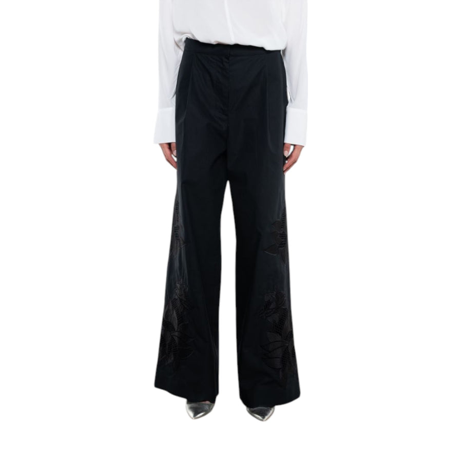Pantaloni donna di cotone ricamato con pinces