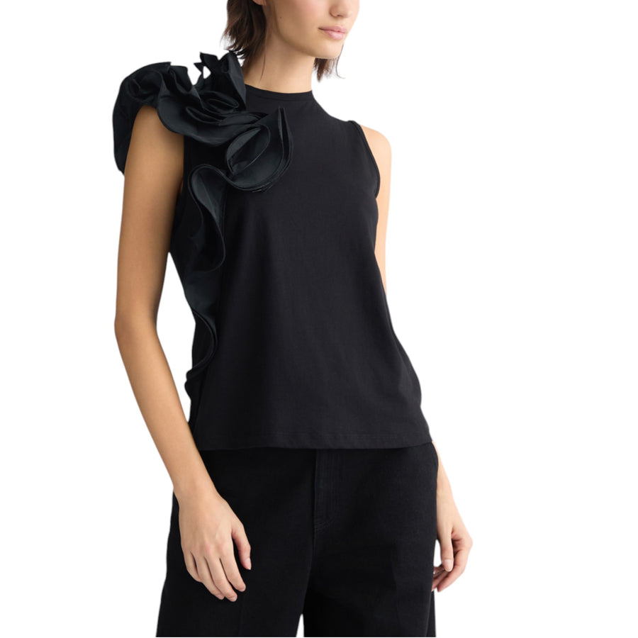 T-shirt donna nera con volant