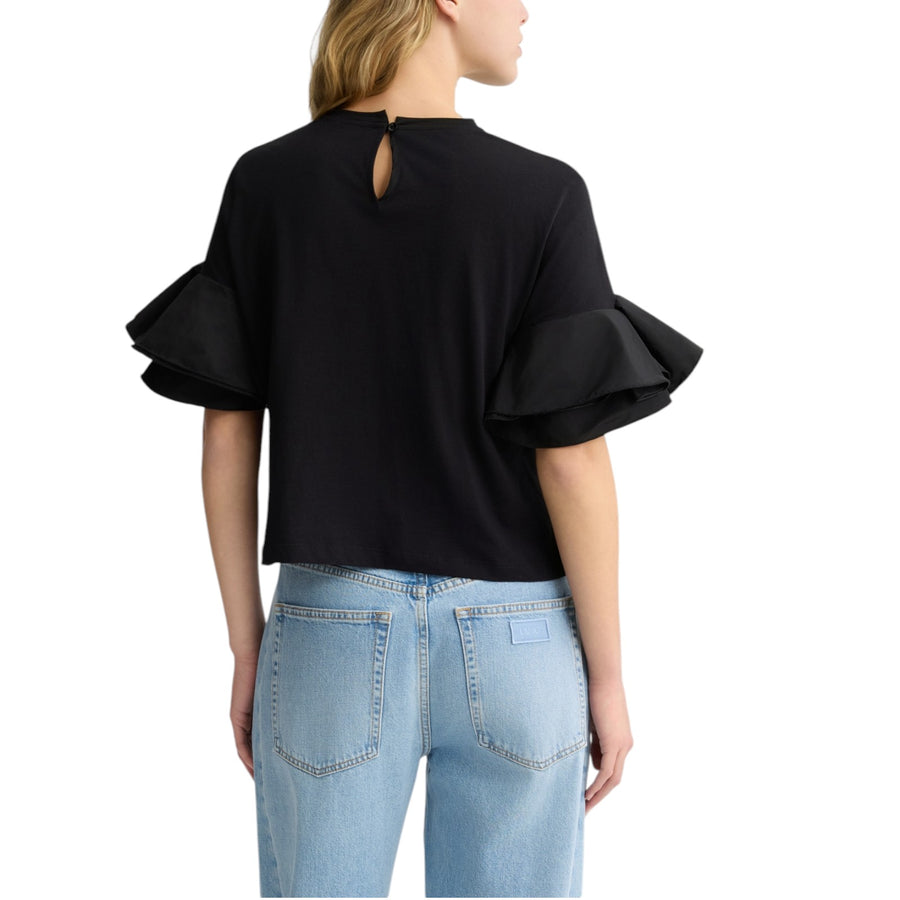 T-shirt donna nera con volant nera